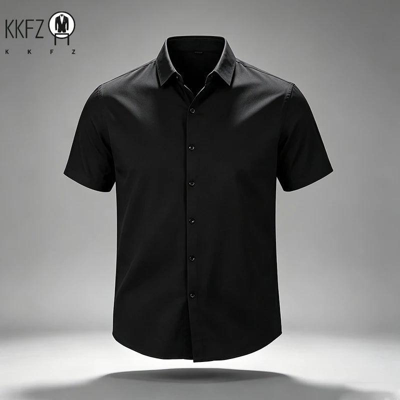 Summer Male Lapel Short Sleeve Dress Shirt Single Breasted Soft Stretch Cloth Outdoor Travel Daily Commute Formal Top
