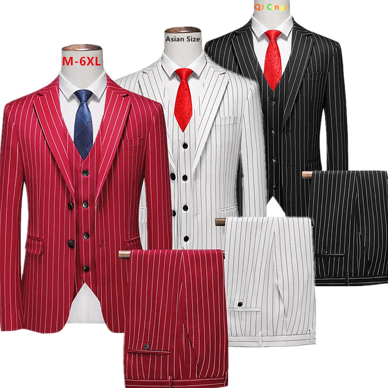 2026 New Men's Striped Red Suit 3-Piece, White Jacket and Pants Vest, Asian Size Available in White/Black, Fashionable Option fo