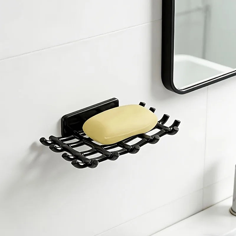 1pc Wall-Mounted Shower Soap Dish with Drainage, Black,White Square Holder.No Drilling Required,Hook for Soap and Accessories.