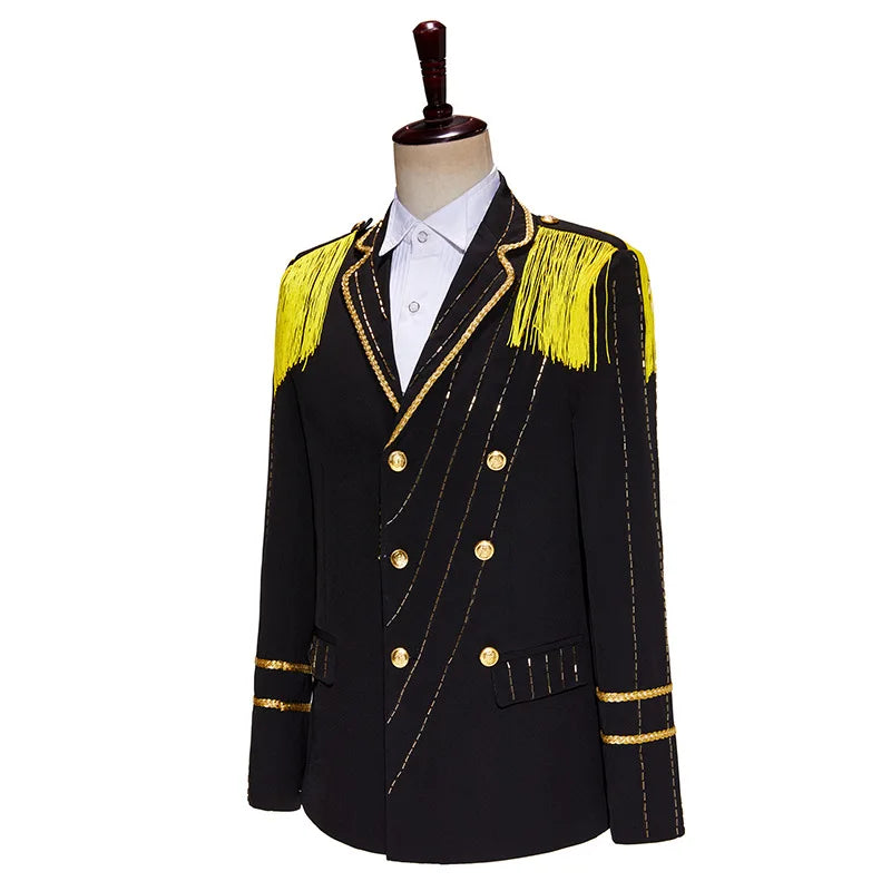 Men's Black Blazer with Fringe Detailing on The Shoulders, Perfect for Stage, Bar, or Singer Gold-buttoned suit Jacket.