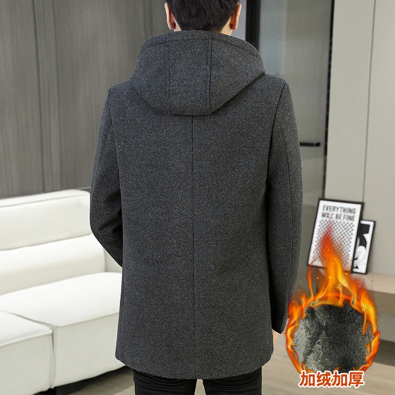 2026 Winter New Men's Black Long-Sleeve Hooded Trench Coat, Dark Gray Single-Breasted Long Jacket, Stylish and Warm Overcoat.