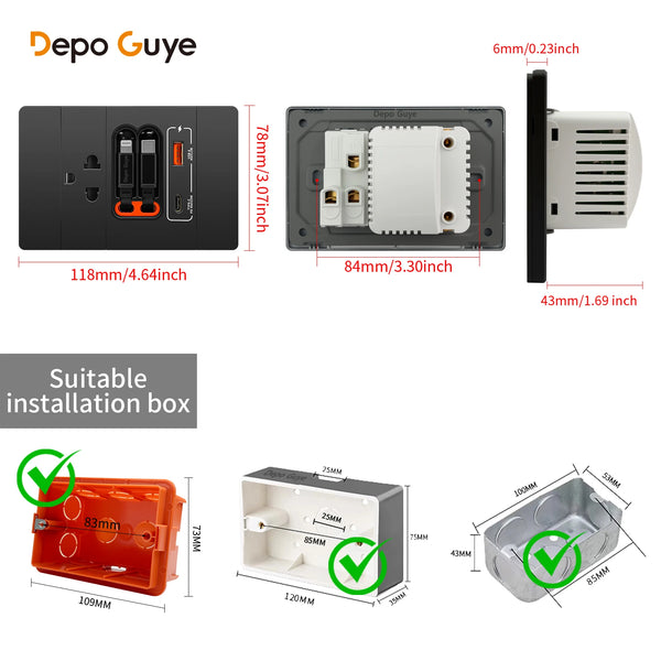 រន្ធដោតសាកលឿន PD 20W ជាមួយការសាក USB ពីរ បន្ទះរន្ធដោតជញ្ជាំងប្រភេទ USB ប្រភេទ C សកល សហរដ្ឋអាមេរិក/ថៃ/អ៊ីតាលី ទំហំ 120*79mm សម្រាប់ប្រើប្រាស់នៅផ្ទះ