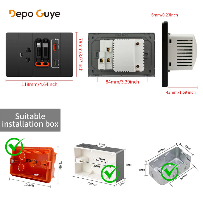 20W PD Fast Charge Socket with Double USB Charging,US/Thai /Italy Universal USB Type-C Wall Outlet Panel 120*79mm For Home Use