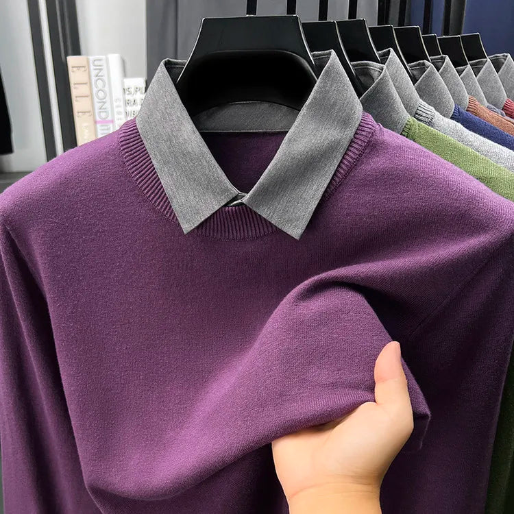 Men's Grey Faux Two-Layer Knit Sweater, Button-Down Shirt Collar with Soft Wool Blend Fabric, Smart Business Autumn Casual Wear
