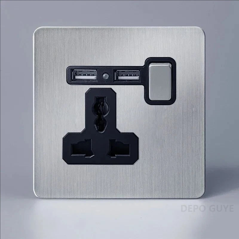 Retro EU France Socket Stainless Steel Brushed Double Power Outlet Toggle Metal Lever 1-4 Gang 2Way Wall Light Switch Panel RJ45