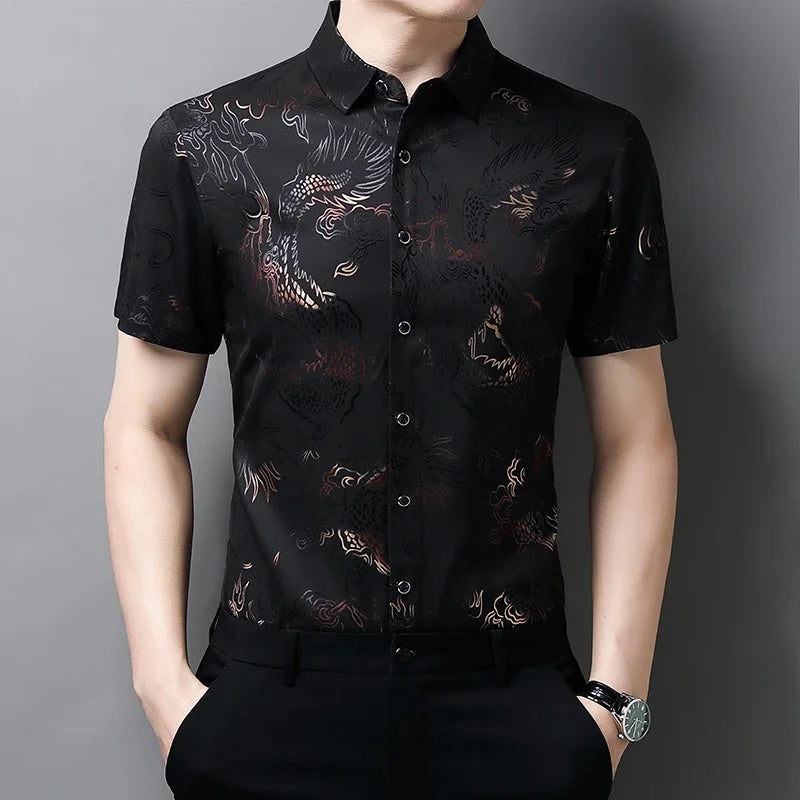 New Men's Casual Printed Short Sleeved Lapel Shirt for Summer Fashion Comfort No Ironing Wrinkle Resistant Top