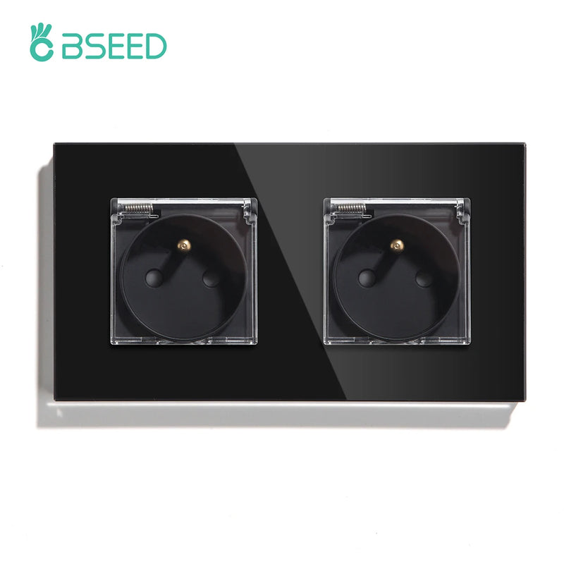 BSEED FR Standard Single Socket With Waterproof Cover Double Wall  French Outlets Triple Power Plugs 16A Glass Panel 110-250V