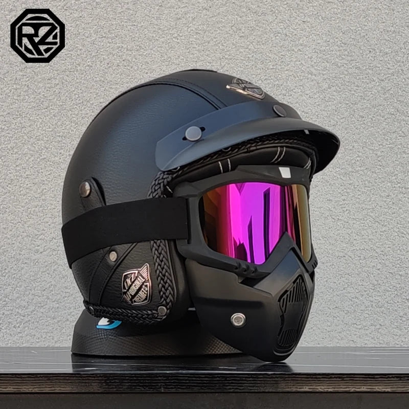 Vintage Leather 3/4 Jet Motorcycle Helmet, Handmade Leather Surface Adult Scooter Cruiser Riding Helmet Casque Moto