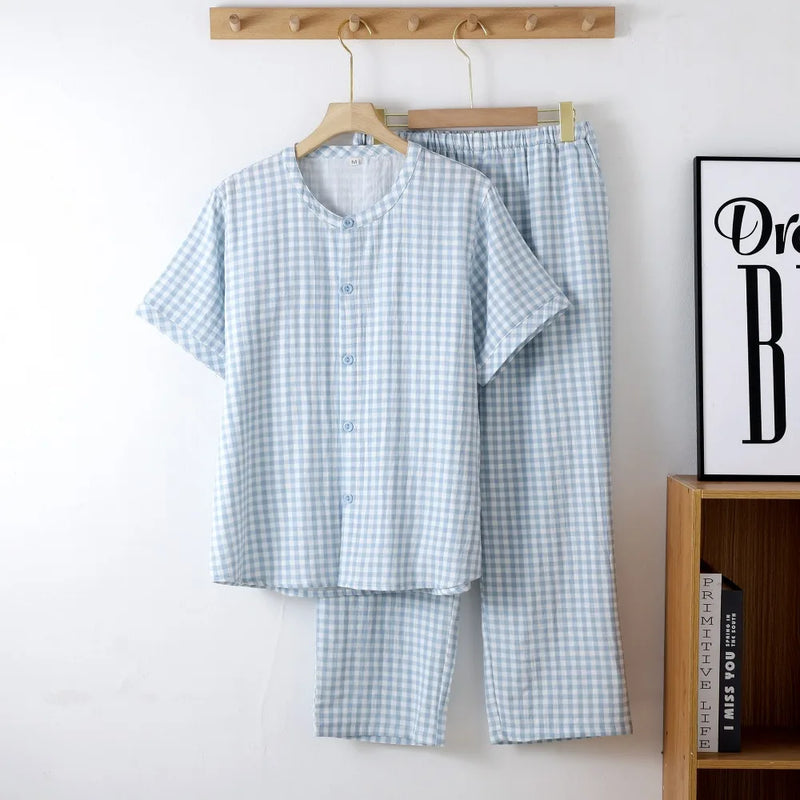 Thin Men Summer Pajama Short Sleeve Sleepwear Lounge Set New Plaid Pijamas for Men's Loungewear Button-Down Top Home Clothing