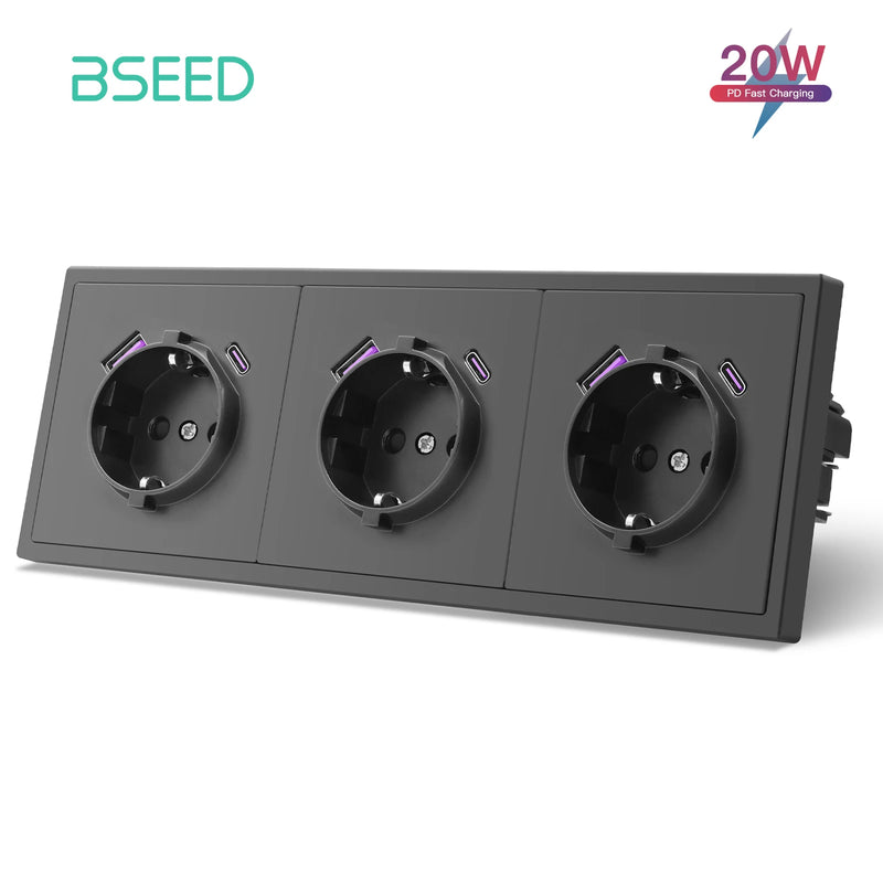 BSEED EU Standard Single Wall Socket 20W Fast Charge USB Type-C Charge Port Double Wall Power Outlets Plastic Frame 16A