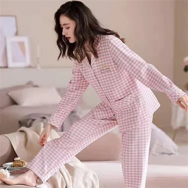 M-4XL Large Size Middle Aged Mother Pajamas Set Lapel Shirt Long Sleeve Sleepwear Night Suit Casual Home Clothing Pijama Women