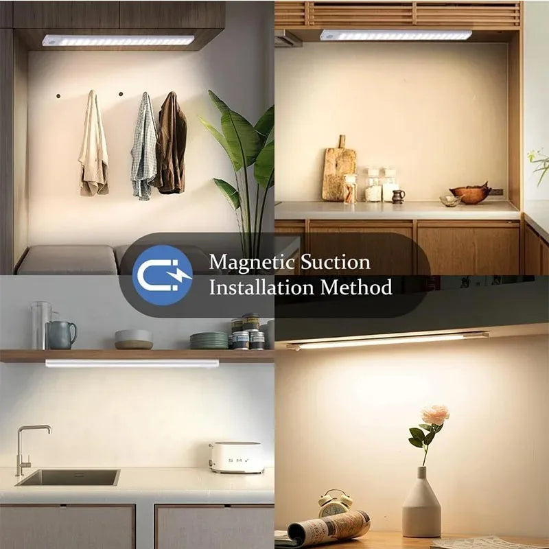 ភ្លើងក្រោមទូ LED ឧបករណ៍ចាប់សញ្ញាចលនា ភ្លើងពេលយប់ ចង្កៀងស្តើងអាចសាកបាន អាចបន្ថយពន្លឺបាន ចង្កៀងទូផ្ទះបាយ បន្ទប់គេង ភ្លើងបំភ្លឺទូខោអាវ