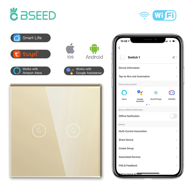 BSEED WIFI Touch Switch 1/2/3Gang 2Way Wifi Smart Switch Touch Sensor Wall Switch Tuya Google Alexa Smart Life Control