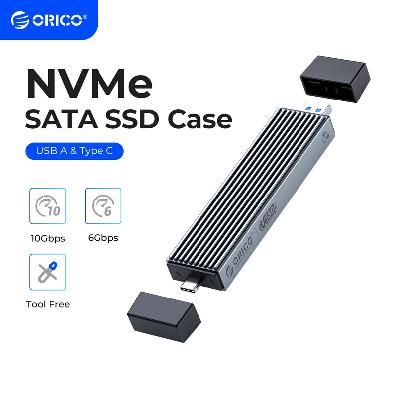 ORICO 2 in 1 USB A Type-C Dual Interface M.2 SSD Case Support M2 NVMe M Key SATA NGFF M&B Key SSD Hard Disk with Cooling Vest