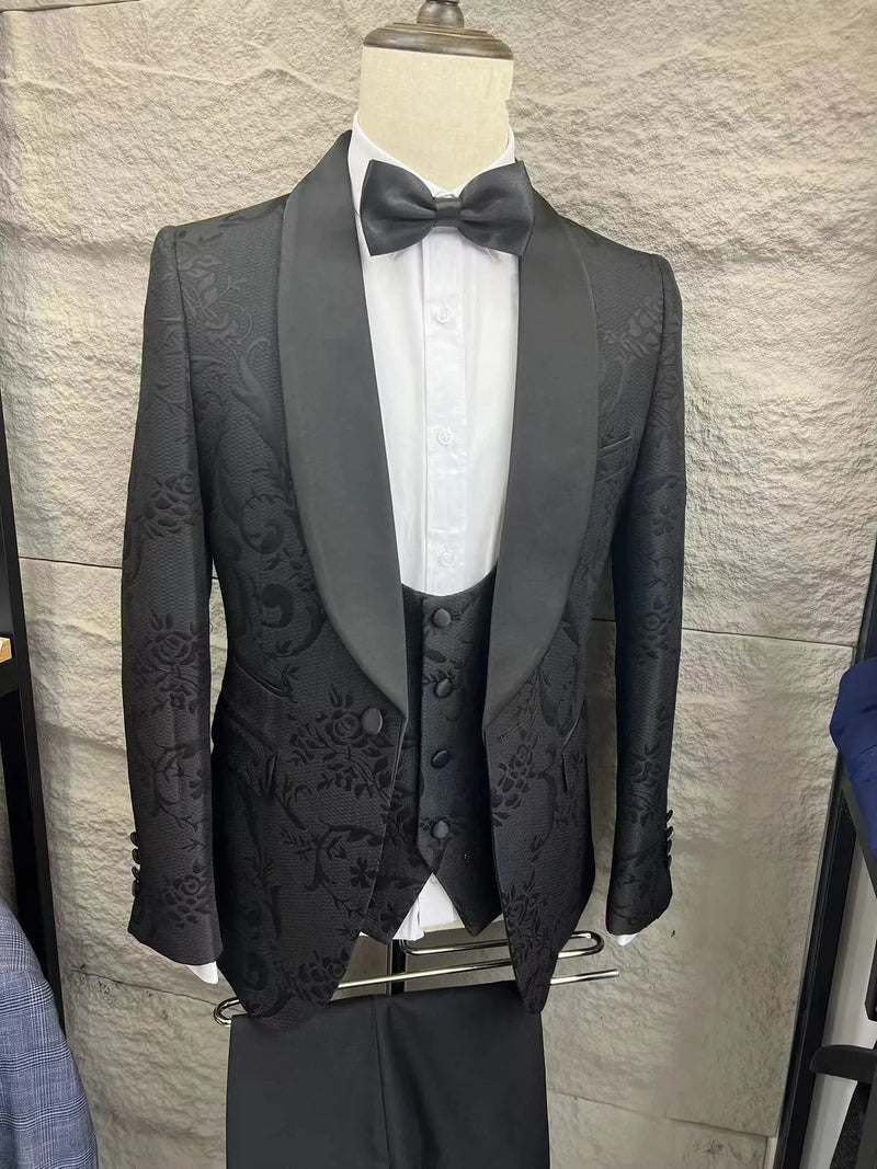 Men’s White Sequin & Crystal Embroidered Shawl Collar Blazer + Vest + Black Slim Fit Trousers - Dazzling Formal Suit Set