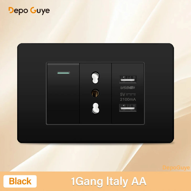 Italy Chile Mexico Outlet with USB Smart Type-c 20W Fast Charging Wall plug,Brazil Electric Light Switch Dual usb Power Socket