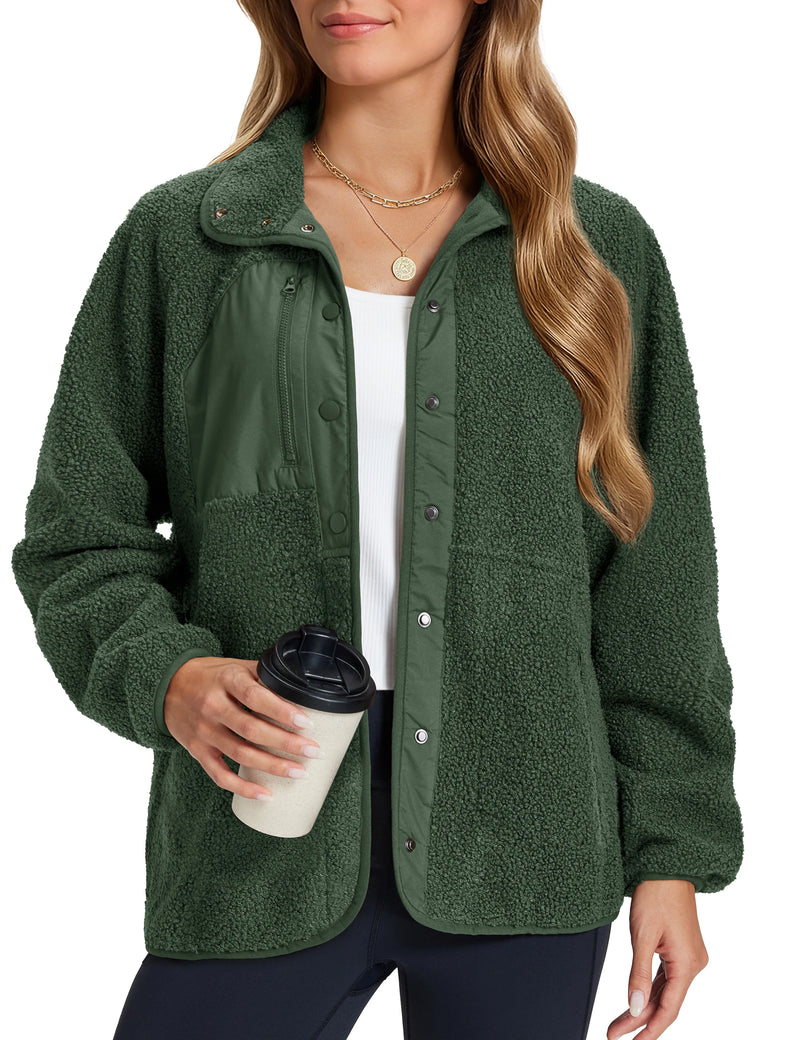 TACVASEN Women's Stand Collar Sherpa Fleece Jacket Winter Warm Lightweight Fuzzy Button Down Coat 3 Zipper Pockets Casual Jacket
