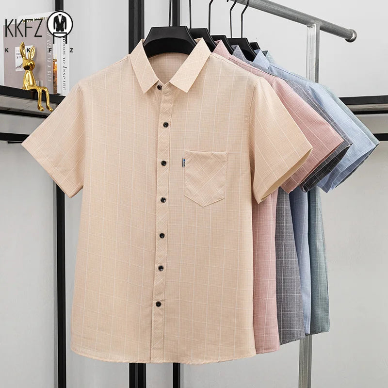 Mens Casual Plaid Short Sleeve Shirt Breathable Light Fabric Turn Down Collar Tops For Spring Summer Daily Wear