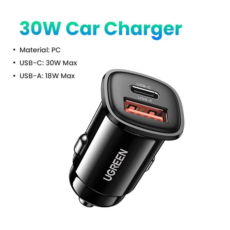 【NEW-IN】UGREEN USB Car Charger 30W Quick Charge 4.0 QC4.0 QC3.0 PD Type C Fast Car USB Charger For iPhone 17 Xiaomi Mobile Pho