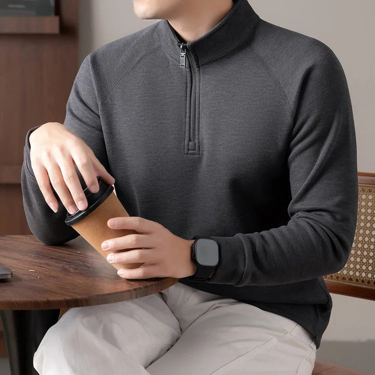 Old Money Style Men's Stand Collar Zip-Up Sweatshirt - Camel (Smoke Blue/ Brown/Gray)Long-sleeved Fleece Hoodie