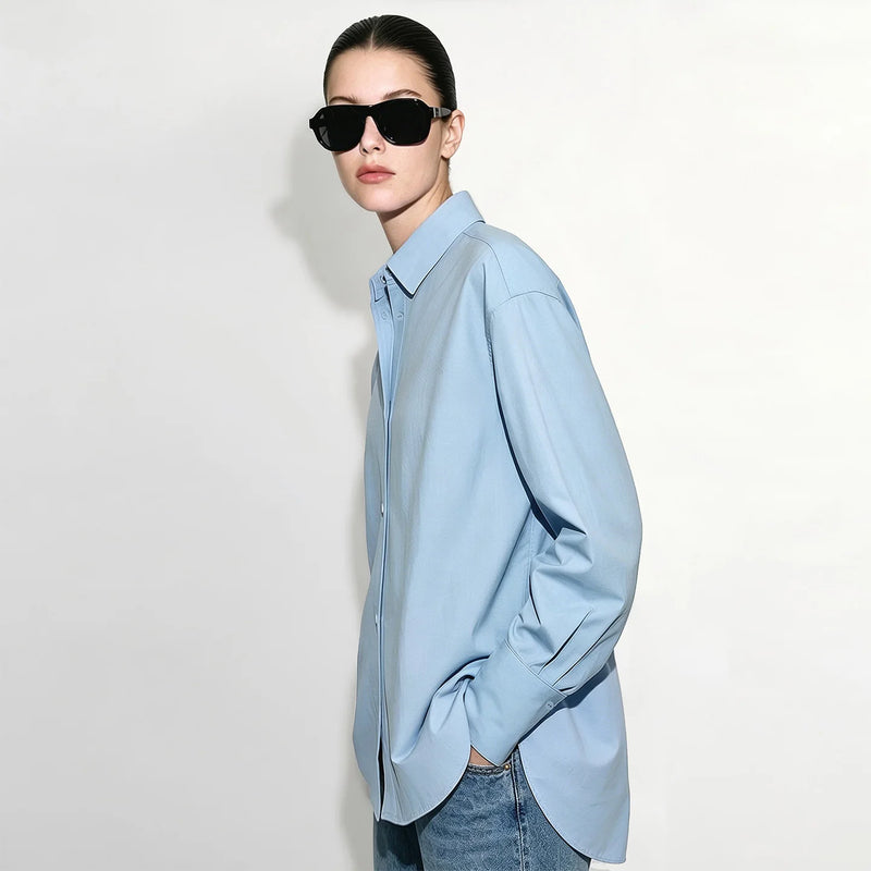 AMII Long Sleeve Shirt For Women 2026 Autumn New Lapel Drop Shoulder Pleated Top Loose Cotton Classic Women's Shirt 12613014