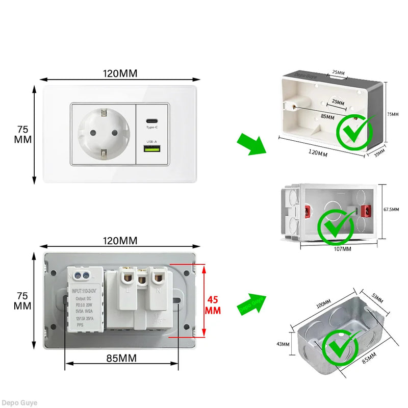White Tempered Glass Panel Wall Light Switch Rocker Button EU Sockets Fast Charging CAT6 TV Power Outlet 118*75mm 16A AC110-250V