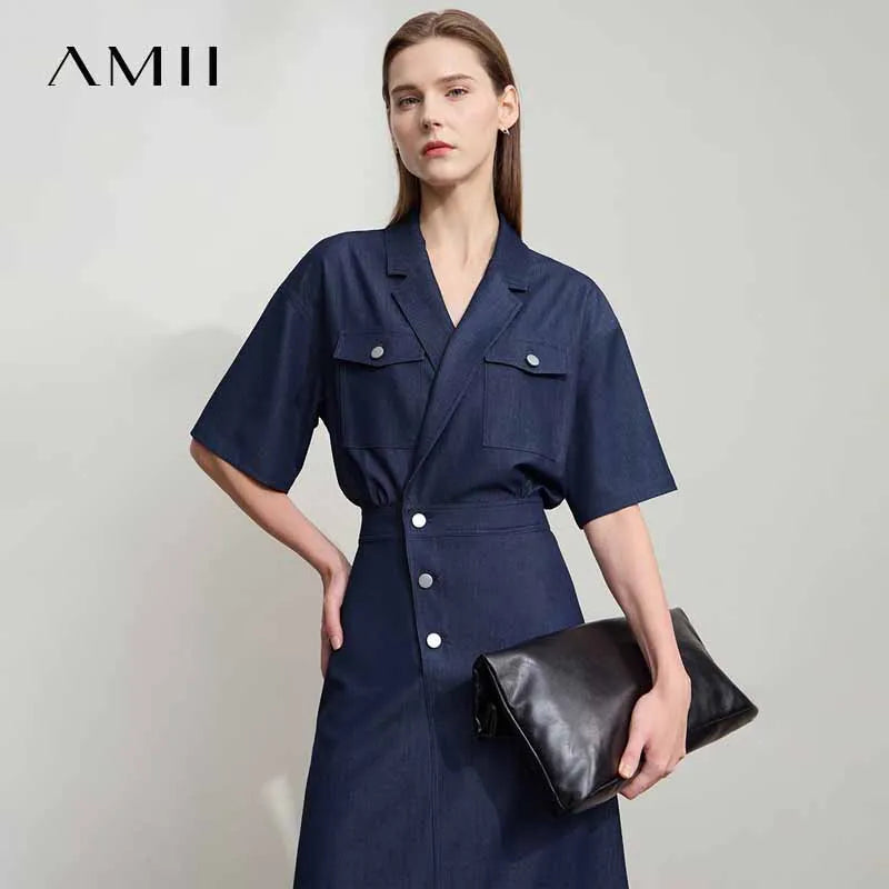 Amii Straight Dress Denim Women 2025 Summer Simple Short Sleeve Office Lady Jean Flip Neck Draped Cool Shirt Dress 12542067