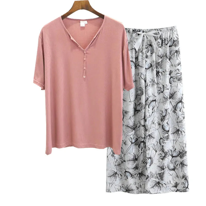 Spring Summer Threaded Modal Knitted V-neck Short Sleeve Sleepwear Women Loose Home Pajama Set Print Nightwear Pijama Suit