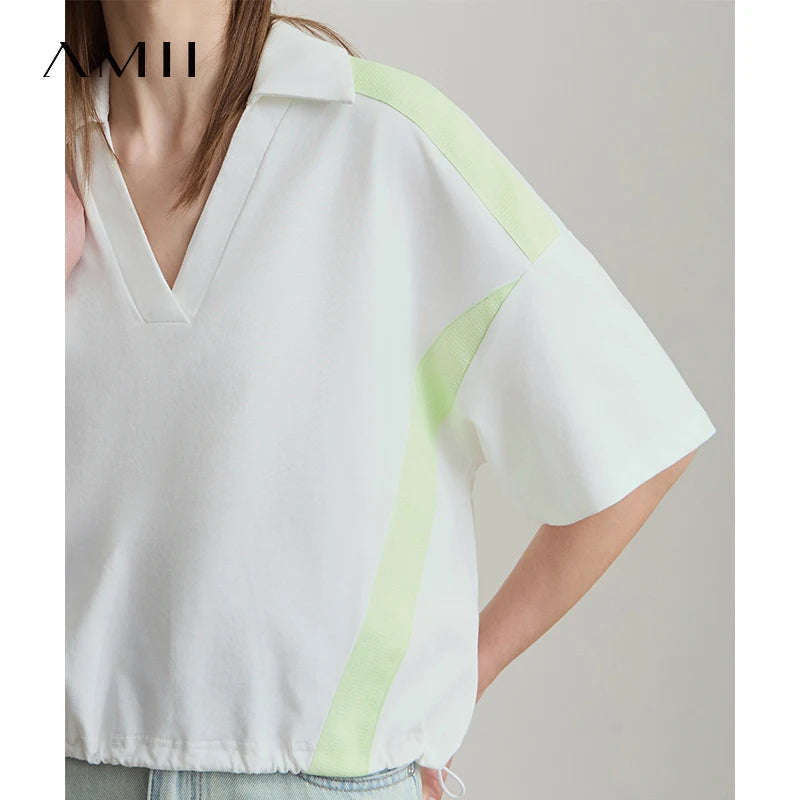 អាវយឺតកប្បាស Amii Minimalist សម្រាប់ស្ត្រីឆ្នាំ ២០២៥ រដូវក្តៅថ្មី V-Neck Pullover រលុងខ្លីស្មាដៃអាវទាន់សម័យសម្រាប់ការធ្វើដំណើរ 12552001