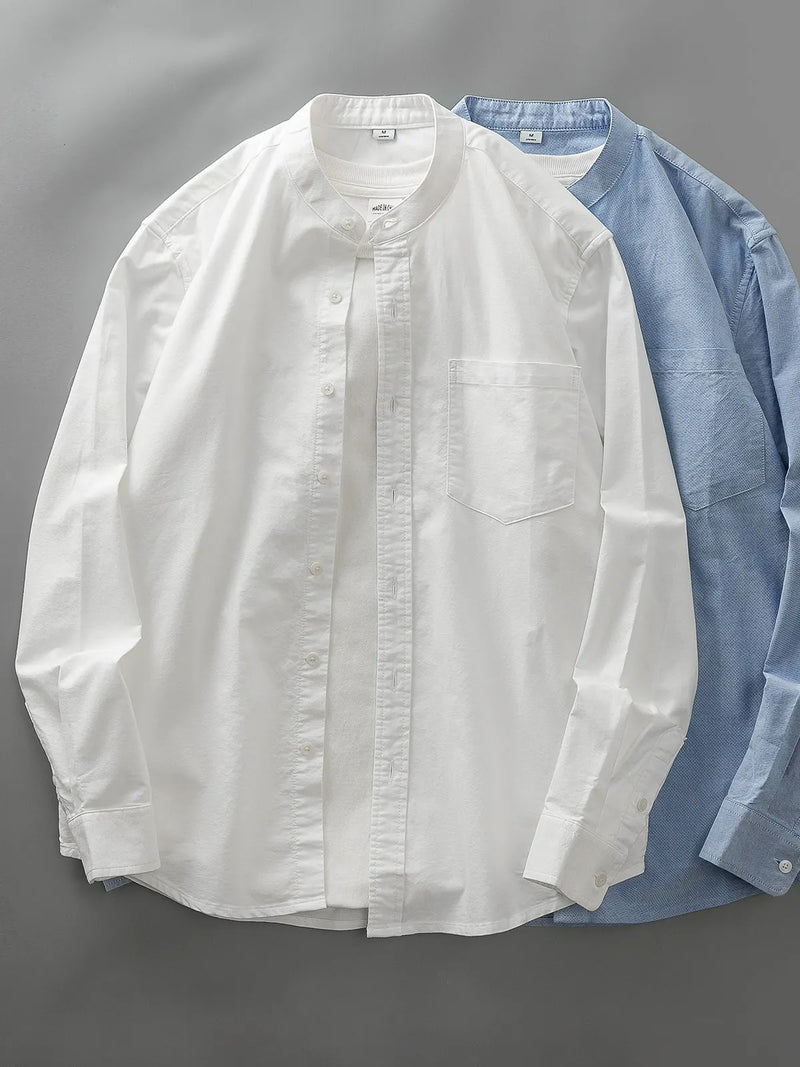 DUKEEN 100% Cotton Oxford Collarless Shirts for Men Spring and Autumn Casual Plain Long-Sleeve Blouse Men's Clothing White