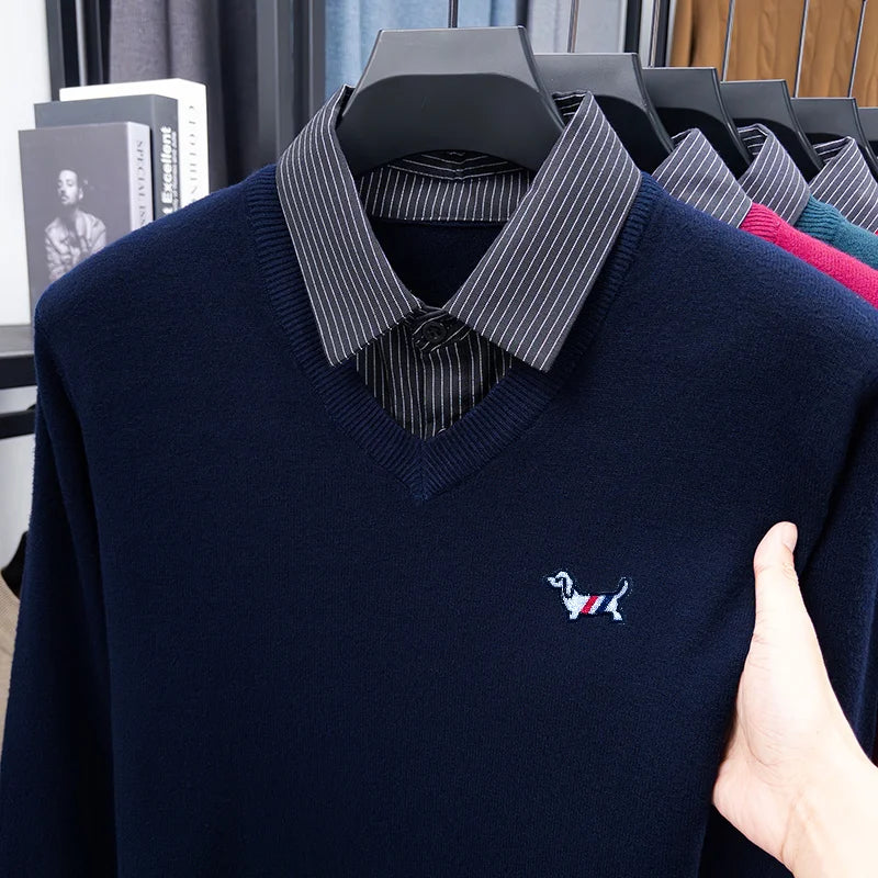 Trend Man False Two-Piece Long-Sleeved Knitwear Striped Dog Embroidery Autumn Winter New Pullover Casual Versatile Men'sClothing