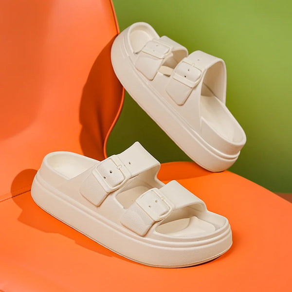 Pure White Womens Slippers Double Buckle Slide Sandals Thick Soles Height Increase 4.5cm Summer Flat Rubber Slides Soft Comfort