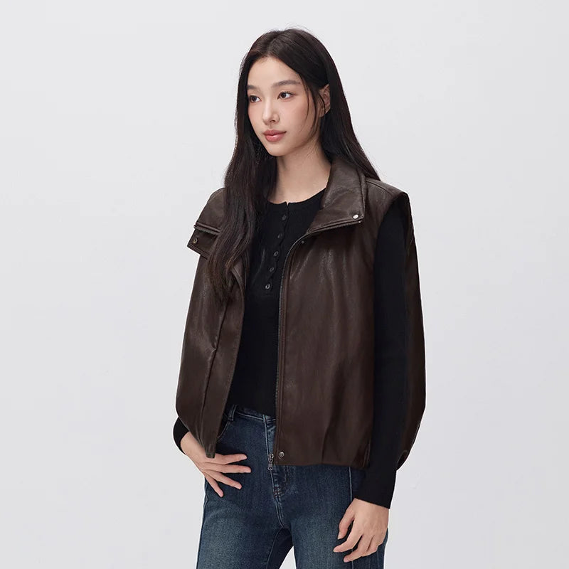 Semir Women Padded Vest Faux Leather Stand Collar Loose Fit Balloon Shape Street Style 2026 New Winter Daily Wear