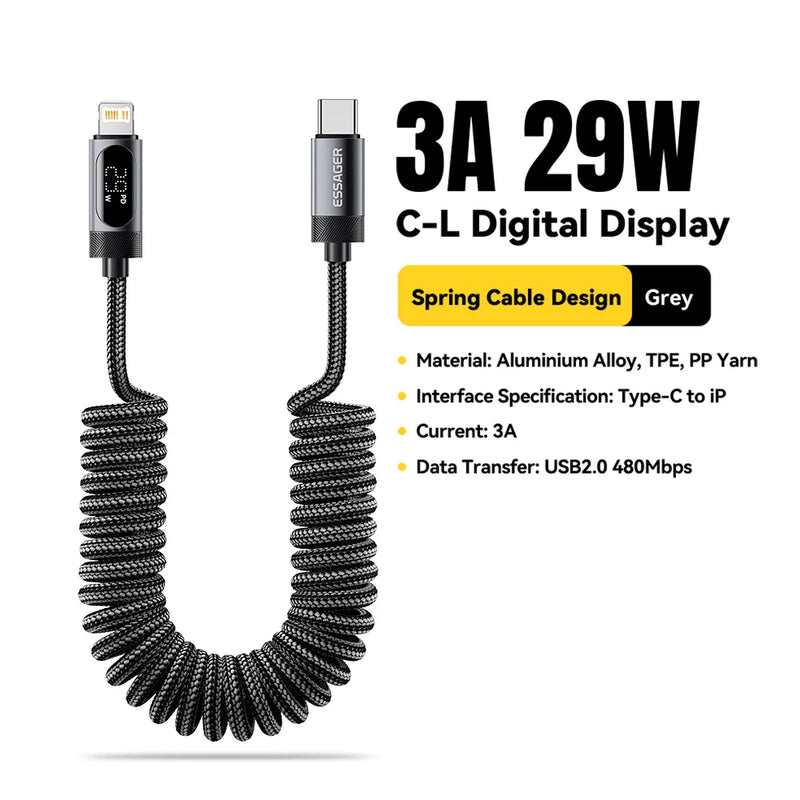 ខ្សែសាក Essager Car Spring USB C សម្រាប់ iPhone 14 13 12 11 PD សាកថ្មលឿន Type C ទៅខ្សែភ្លើងសម្រាប់ iPad Macbook ឌីជីថល DisplayPal