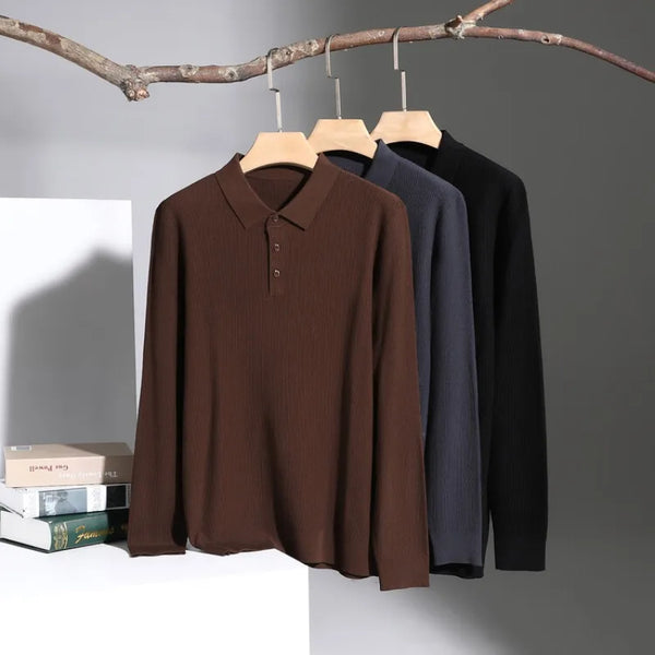 Men's Thin Knit Short Sleeve Polo Shirt, Rayon Blend Fabric, Soft Touch, Business Casual Style, Dark Brown, Slim Fit Top