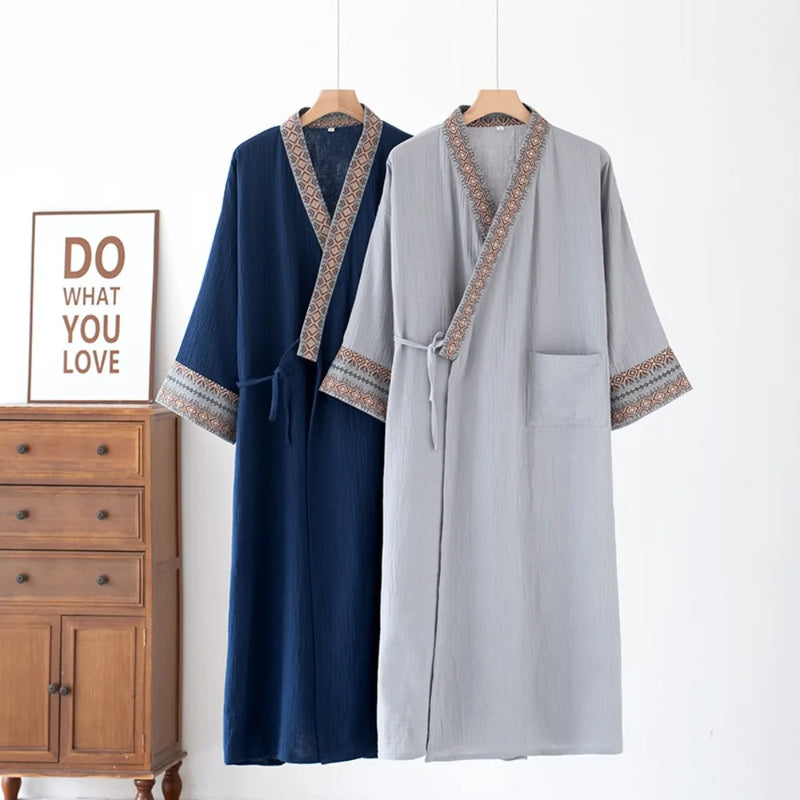 Kimono Men's Bathrobe Spring and Summer Thin Cotton V Neck Robes for Men Home Clothing Sleeping Robe New Long Style Bath Robe
