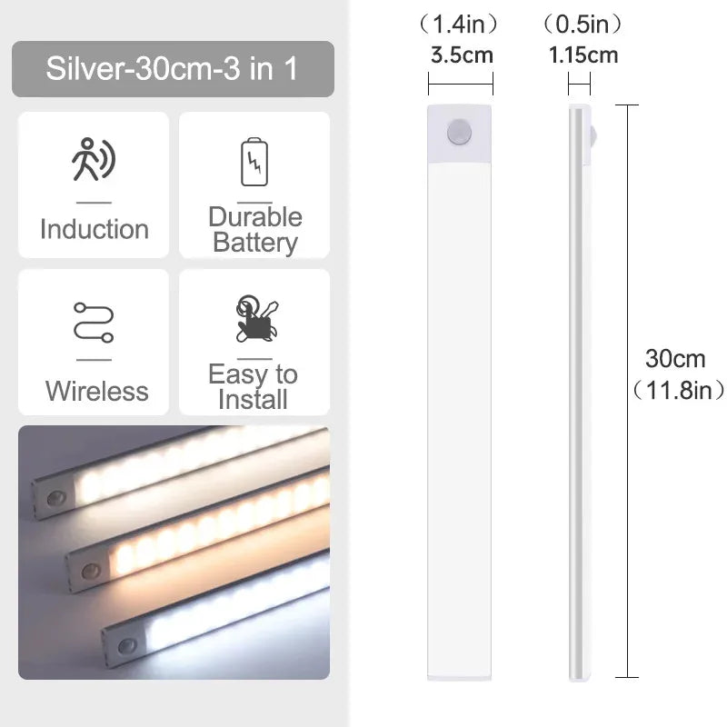 10-60CM Motion Sensor LED Night Light Wireless USB Rechargeable Under Cabinet Lights Ultra Thin Long Bar Lamp Kitchen Bedside