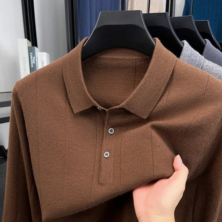 Men's Polo Collar Wool Blend Sweater 340g Thick Anti-Pilling Long Sleeve Knitwear for Spring Autumn