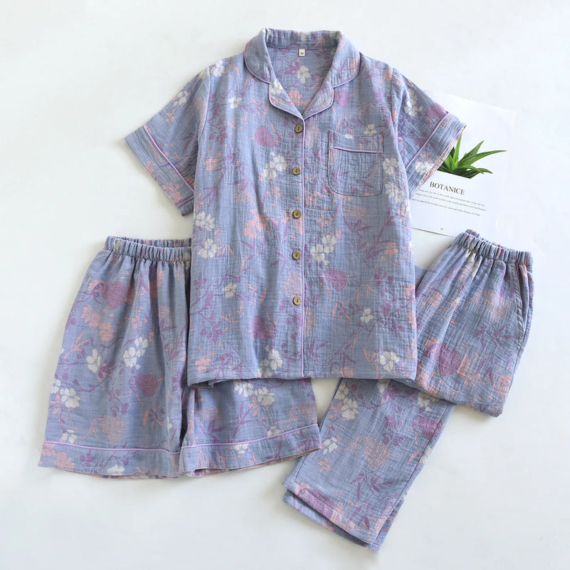 Retro Floral Summer Pajamas Lapel Short Sleeve Sleepwear Women's Cotton Home Wear New Three-Pieces Pyjama Set Woman Nightwear
