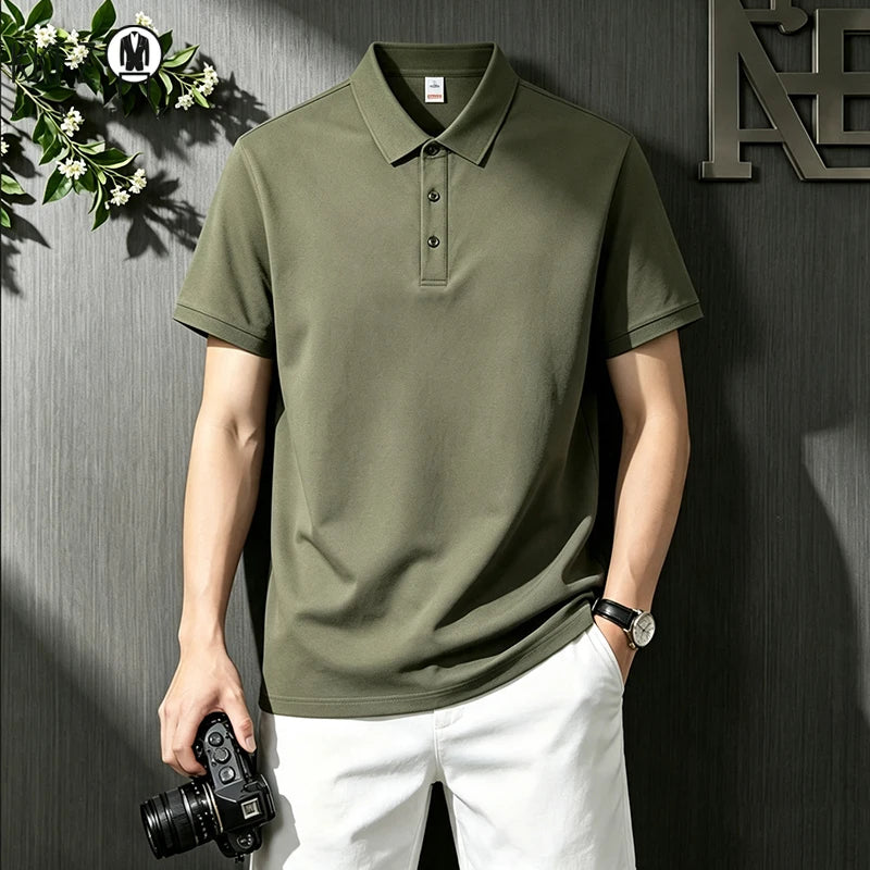 Loose Fit Short Sleeve Solid Polo For Males Turn Down Collar Button Placket Streetwear Simple Casual Wear Top
