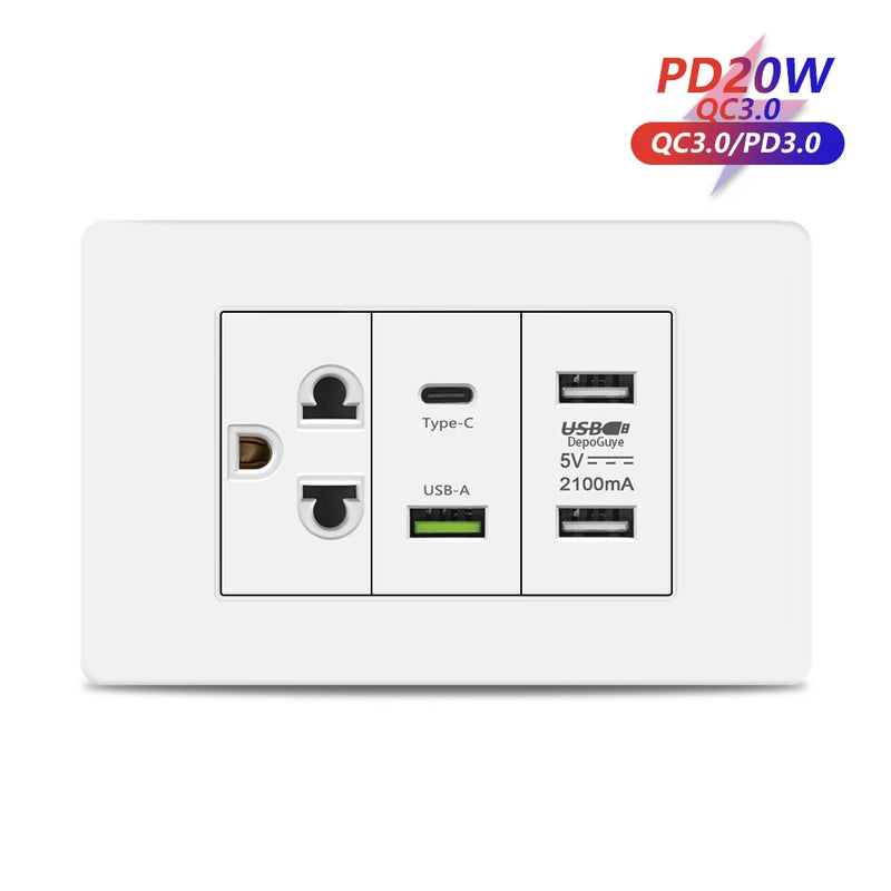Italy Chile Mexico USB Smart Type-c 20W Fast Charging Wall Outlet plug,Brazil Electric Light Switch Panel Universal usb c Socket