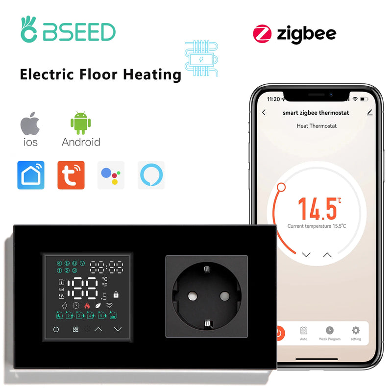 BSEED Zigbee Electric Floor Heating Thermostat Temperature Controller With Normal Socket Tuya Smart Life Google Home Control