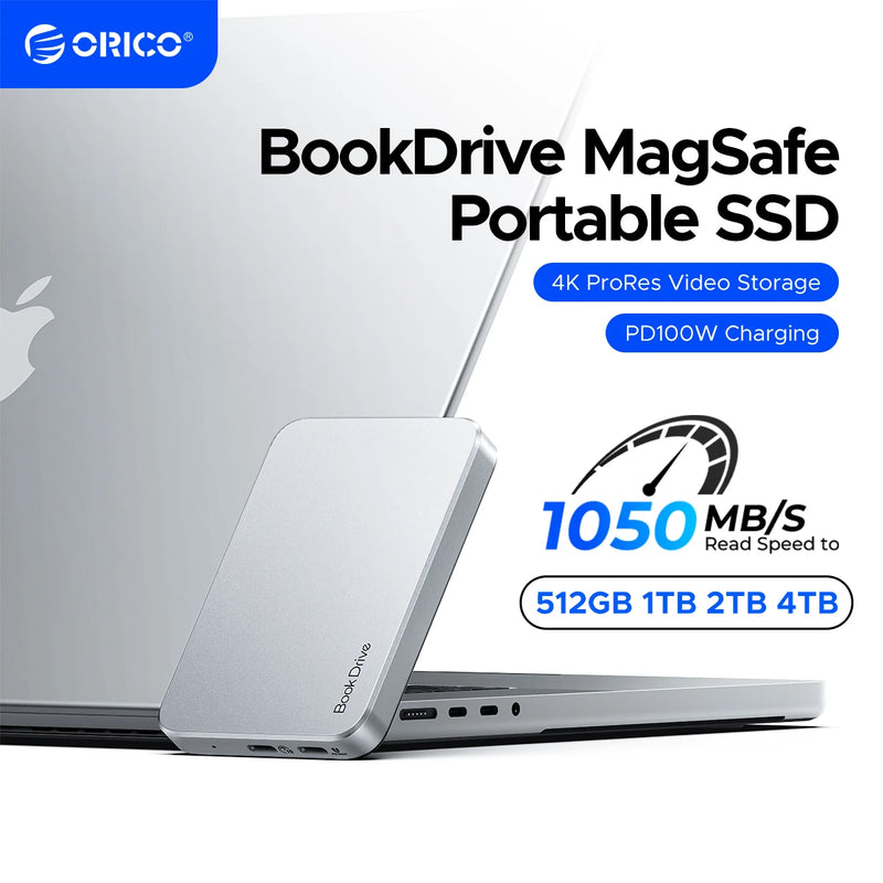 ORICO Magnetic External SSD for Macbook PRO PD100W Charging 4K ProRes HDR, 1000MB/s USB 3.2 External Drive for Tablets Laptops