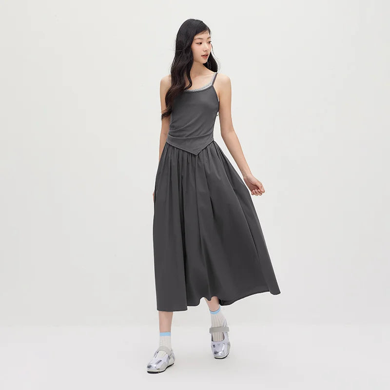 Women Dress Spliced Fake Two Piece Slim Fit Smart Casual Design Textured Maxi 2026 Summer Elegant Fashion Daily Wear Top