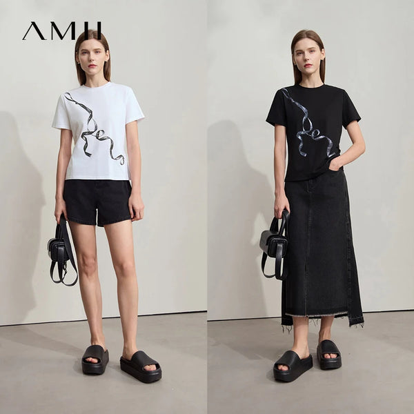 អាវយឺត Amii Minimalism Casual រដូវក្តៅឆ្នាំ ២០២៥ ថ្មីសម្រាប់នារី ក O ត្រង់ បោះពុម្ពត្រជាក់ ប្រឆាំងមេរោគ កប្បាសទឹកកក លាតសន្ធឹង អាវយឺត 12542084