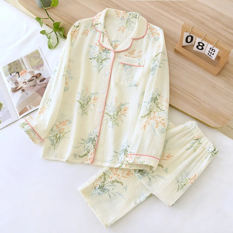 2026 Spring and Autumn Women's Pajama Set 100% Cotton Crepe Long sleeved Pants Two piece Cute and Sweet Ladies Home Fury Set