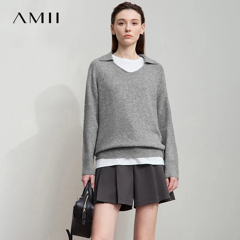 អាវយឺត AMII សម្រាប់នារី រដូវស្លឹកឈើជ្រុះ ឆ្នាំ២០២៥ សម្លៀកបំពាក់នារីថ្មី ពណ៌រឹង ក V អាវក្រៅរលុង ដៃវែង អាវប៉ាក់ អាវធំសម្រាប់នារី 12543086