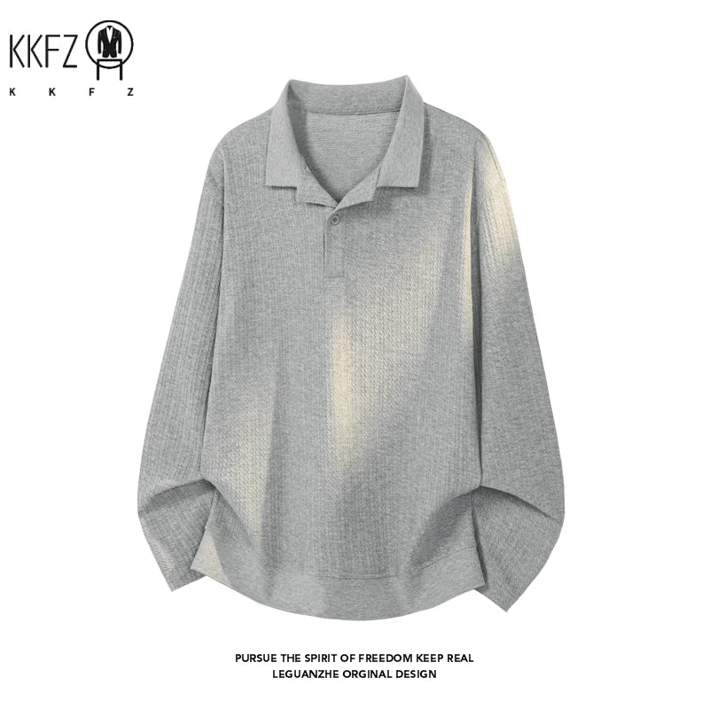 Mens Long Sleeve Lapel Collar Polo Shirt Waffle Knit Soft Fabric Loose Curved Hem Casual Top For Autumn