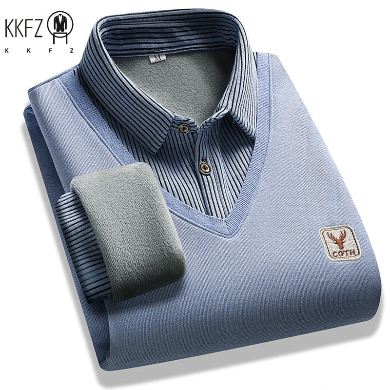 Fashion Men Striped Collar Knitted Top Fake Two Piece Pullover Long Sleeve Business Commute Knit Sweater With Small Logo