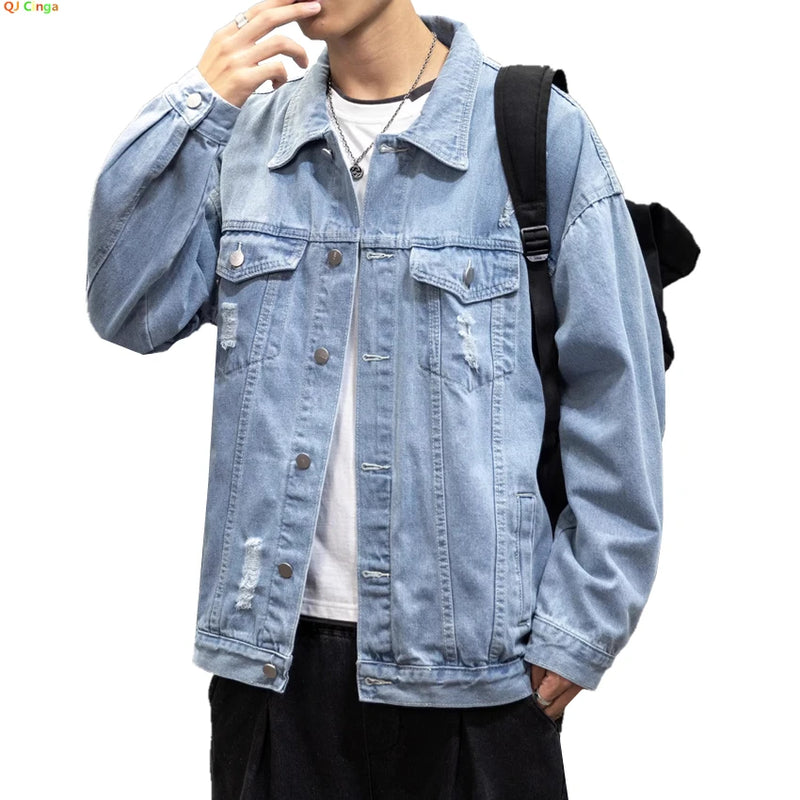 2026 New Men's Blue Denim Jacket, Single Breasted Lapel Casual Coat, Washed Hole Decoration Top,Black,Gray Jackets,Asian Size